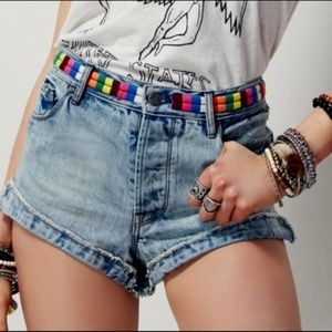 FREE PEOPLE Rainbow Embroidered Cut-Off Jean Short